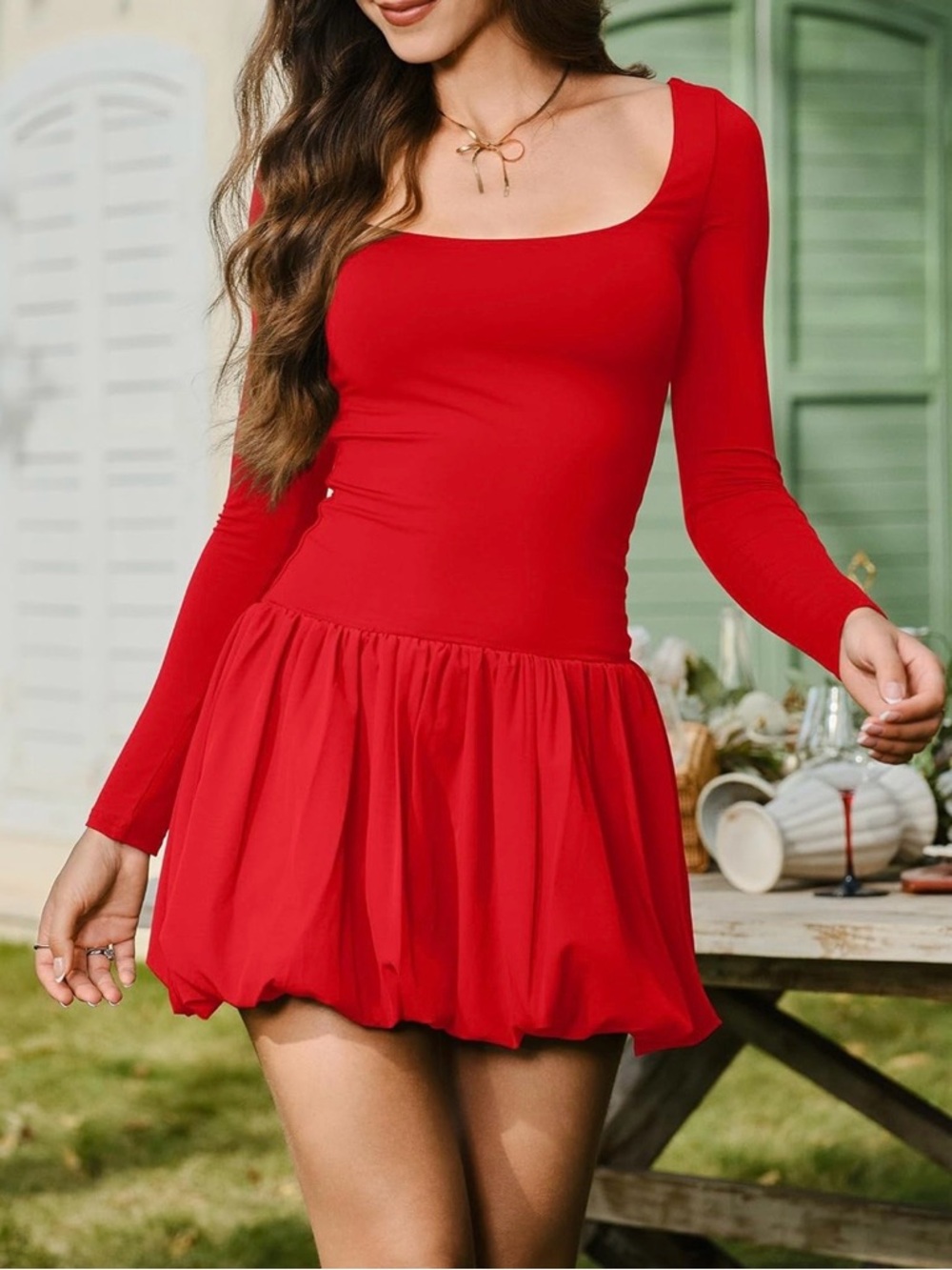 Hyperfire NWT Red Scoop Neck Long Sleeve Puff Bubble Hem Mini Dress Small